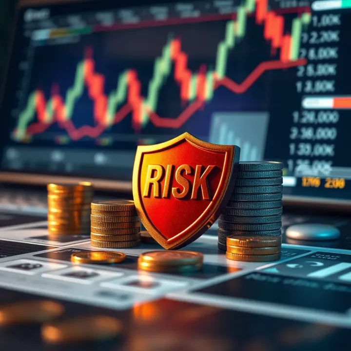 Illustration of risk management concepts with charts, coins, and protective shields symbolizing financial safeguards