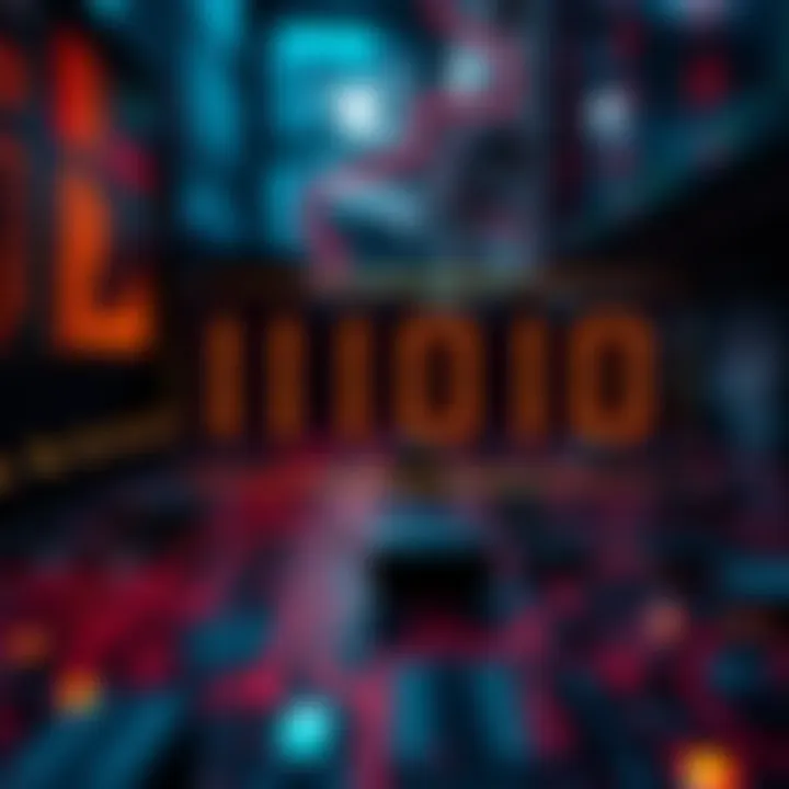 Graphic showing binary digits representation and data flow in electronic devices