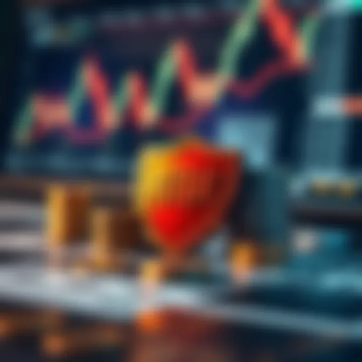 Illustration of risk management concepts with charts, coins, and protective shields symbolizing financial safeguards