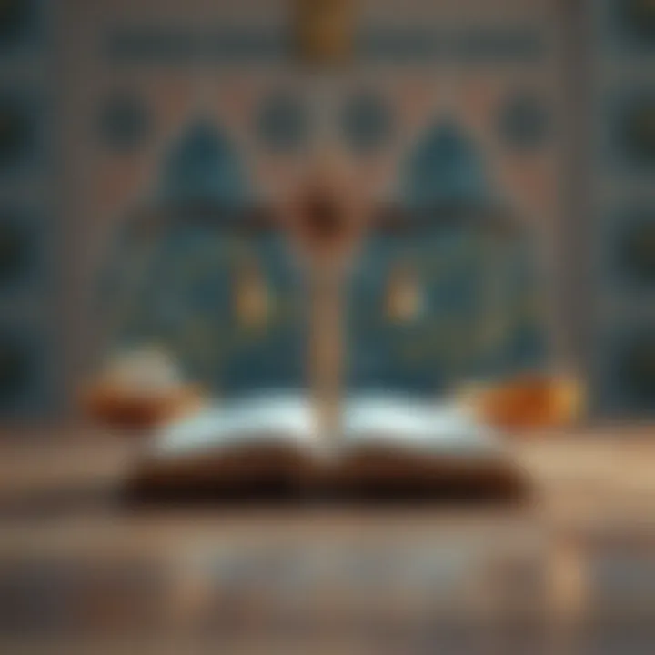 Conceptual illustration of Islamic finance principles with scales balancing Quran and financial symbols