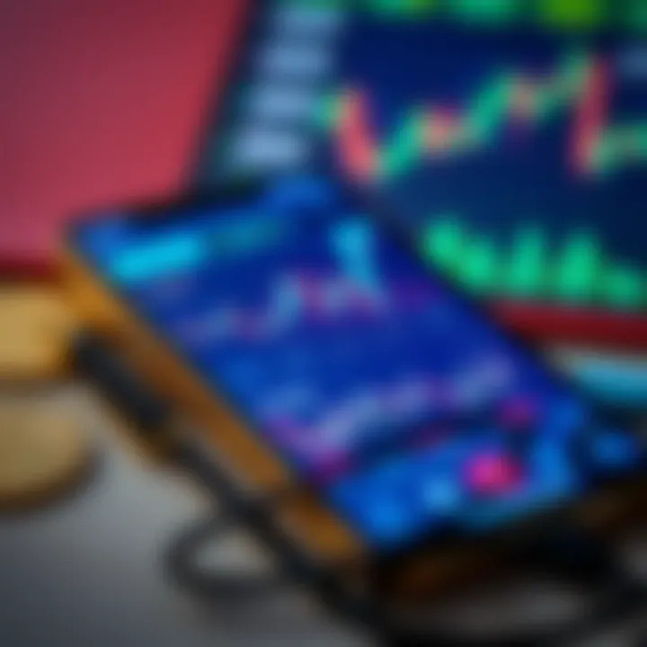 Mobile phone displaying cryptocurrency trading app interface with charts and market data