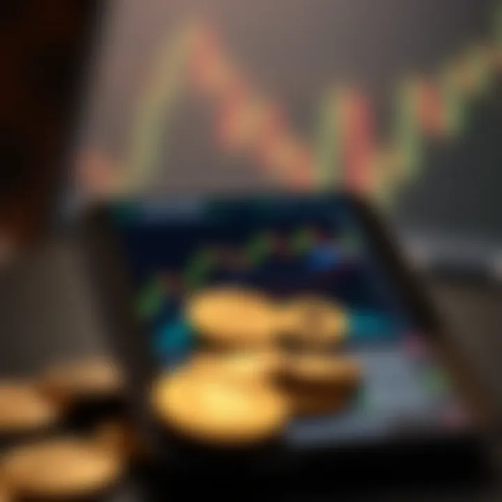 Mobile device displaying cryptocurrency trading app interface with charts and coin icons