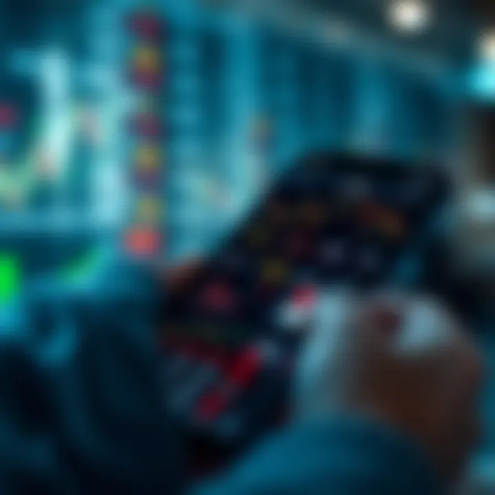 Smartphone displaying various forex trading app interfaces with currency charts and analytics