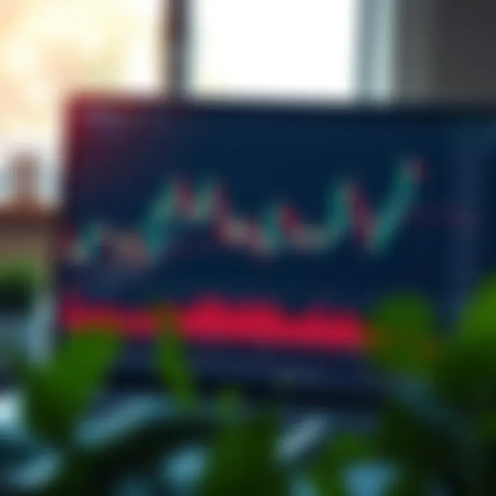 Graph showing various crypto trading indicators on a digital screen with candlestick patterns