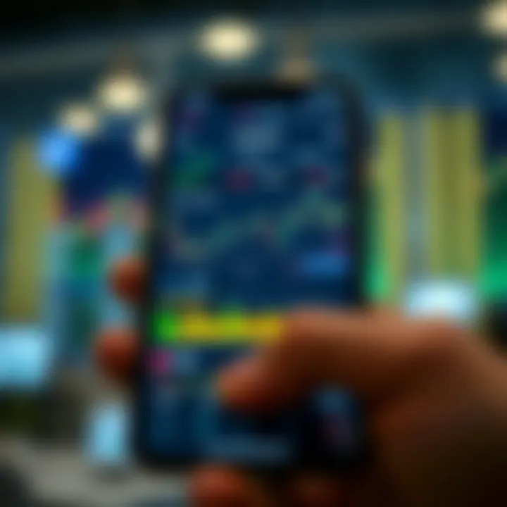 Mobile device displaying a stock trading app interface with charts and stock prices