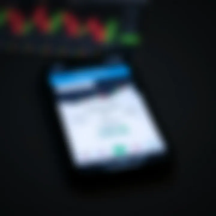 Mobile device displaying a financial trading app interface with charts and buy-sell options