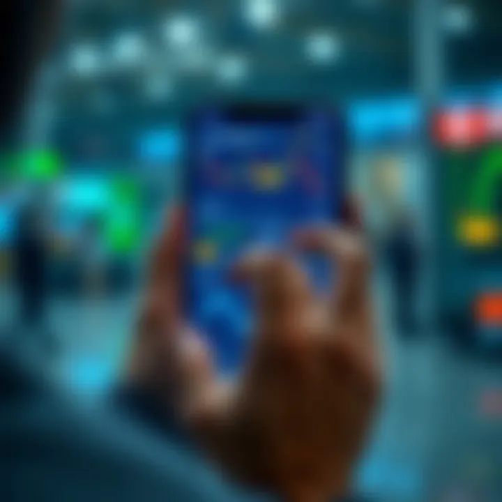 User interacting with a trading app displaying various stock market charts and options on a mobile device