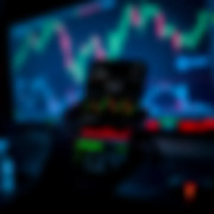 Mobile phone displaying forex trading application interface with charts and currency symbols
