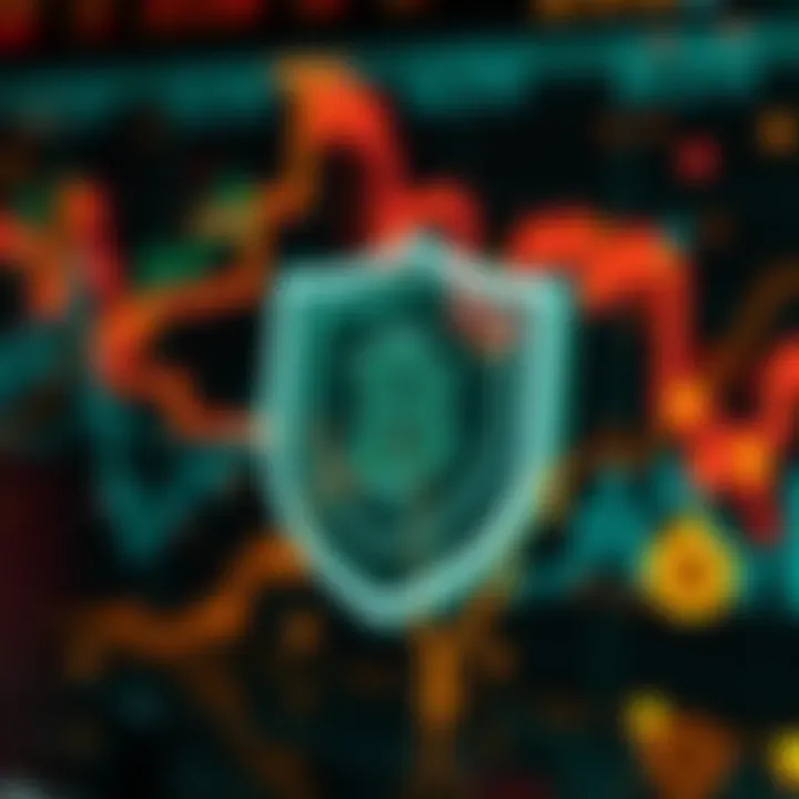 Security shield icon overlaying digital currency symbols illustrating security and compliance