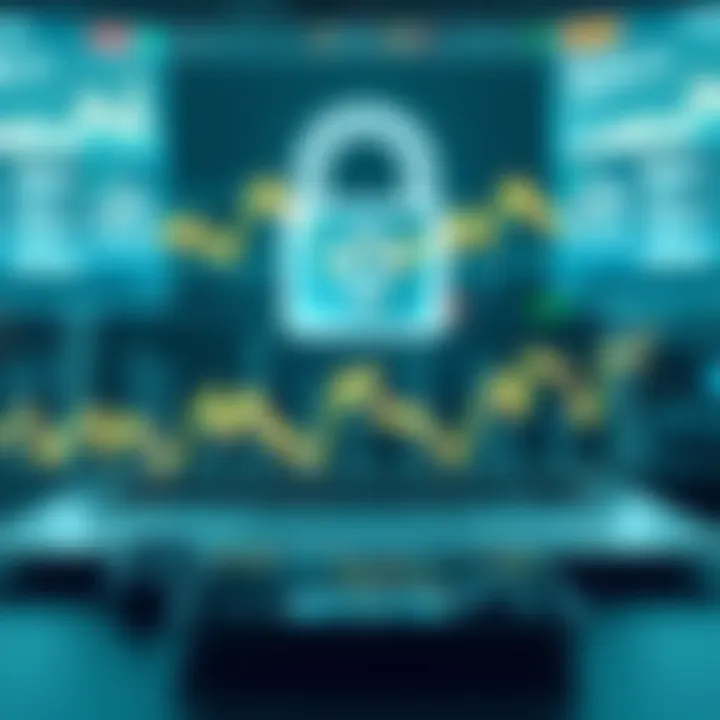 Conceptual graphic representing secure online trading with digital locks and financial charts