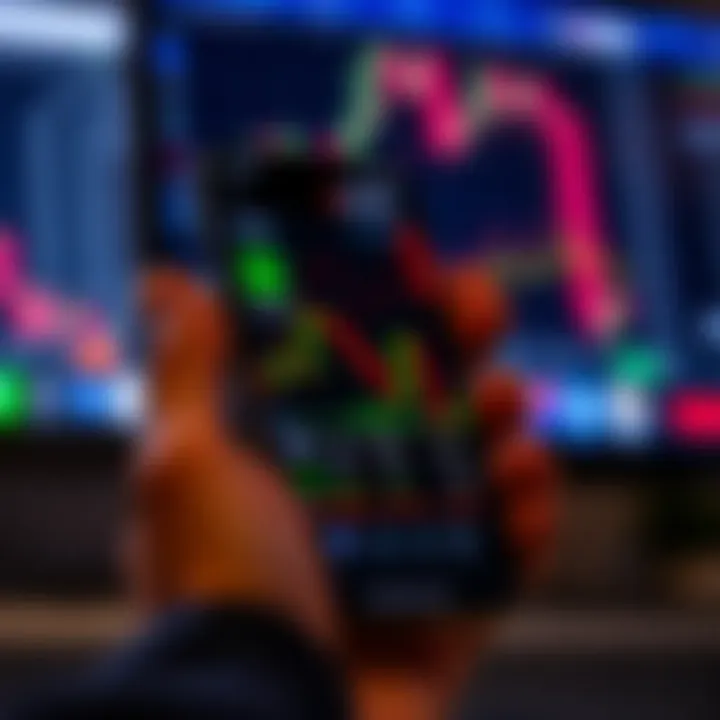 Smartphone displaying a trading platform app with graphical market data and trading indicators
