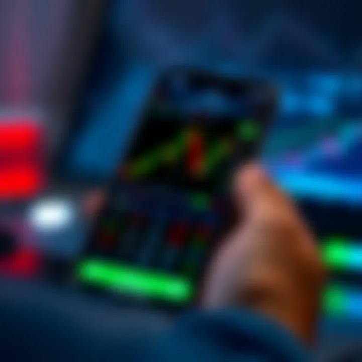 Mobile device displaying a forex trading application interface with charts and currency exchange rates