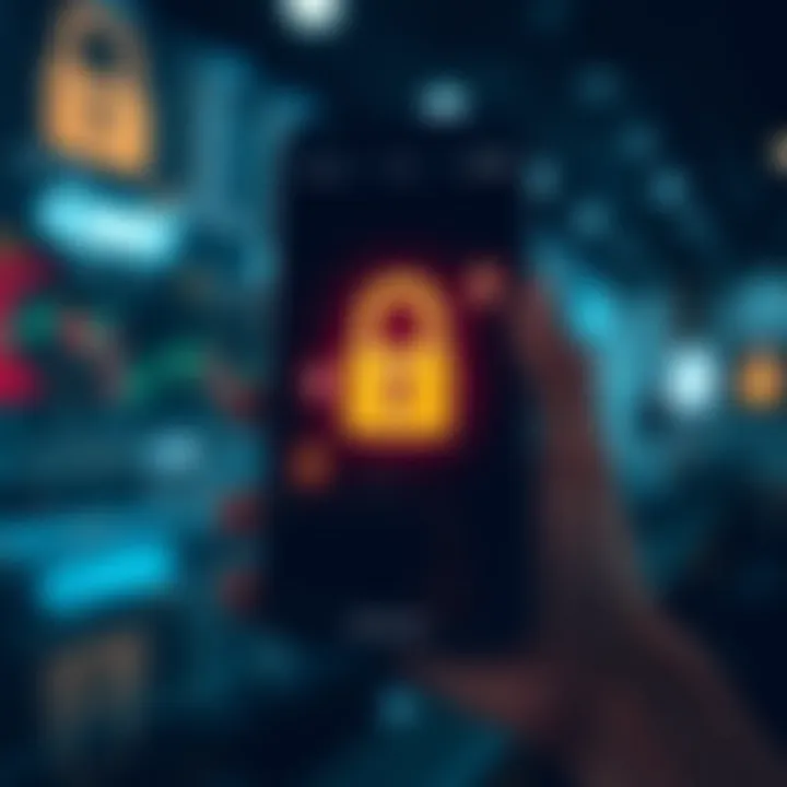 Secure financial transaction with mobile phone showing security lock and currency symbols