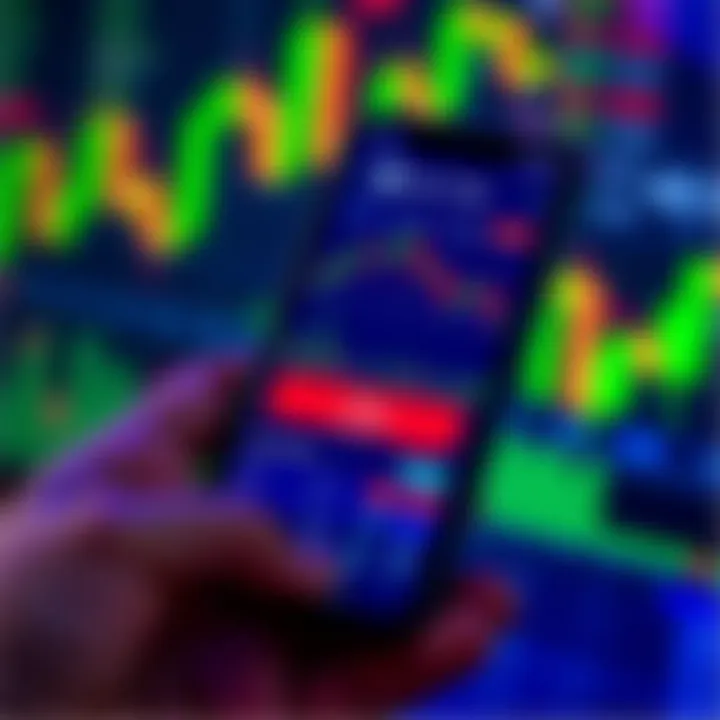 Mobile phone displaying forex trading app interface with charts and currency pairs