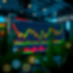 Digital screen showing stock market graphs and cryptocurrency icons