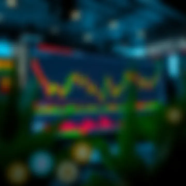 Digital screen showing stock market graphs and cryptocurrency icons