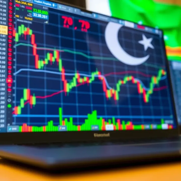 Digital interface displaying forex trading charts and Pakistani flag