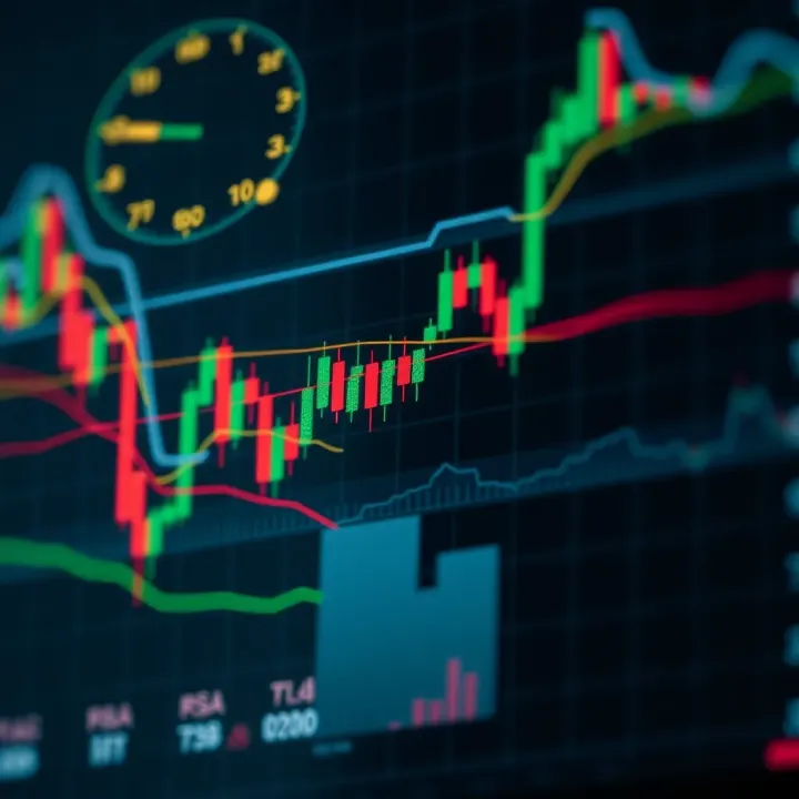Graph showing multiple cryptocurrency indicators such as moving averages and RSI overlaid on price chart