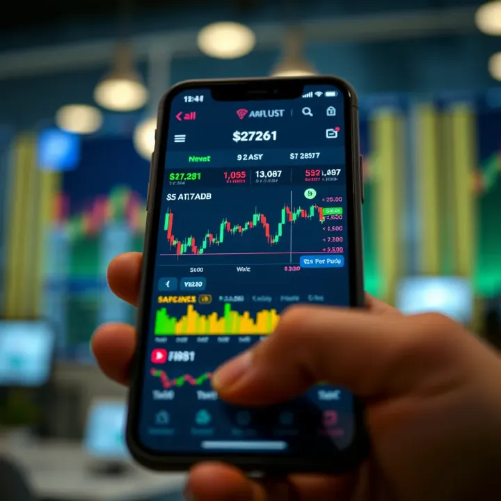 Mobile device displaying a stock trading app interface with charts and stock prices