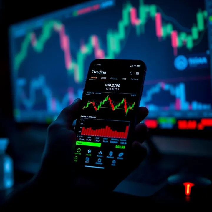 Mobile phone displaying forex trading application interface with charts and currency symbols