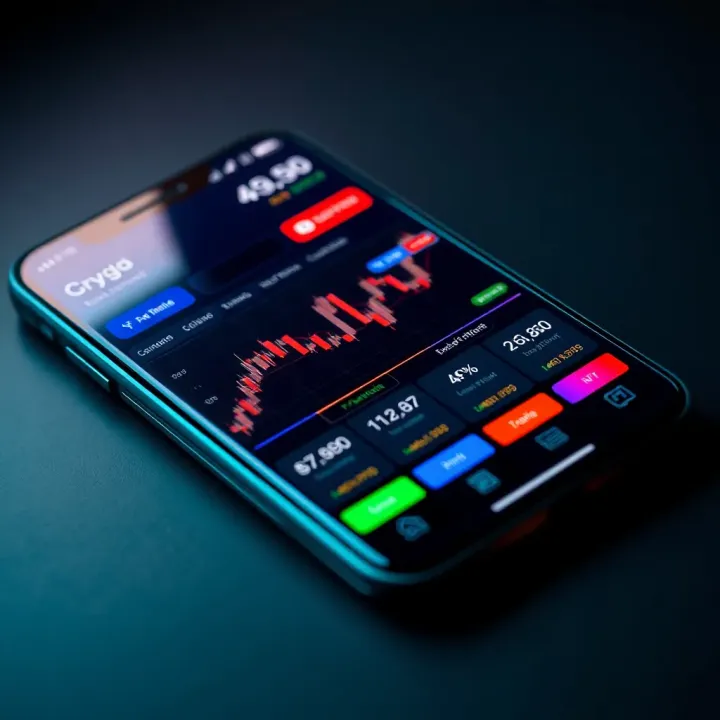 Mobile phone displaying a crypto trading app interface with charts and currency options