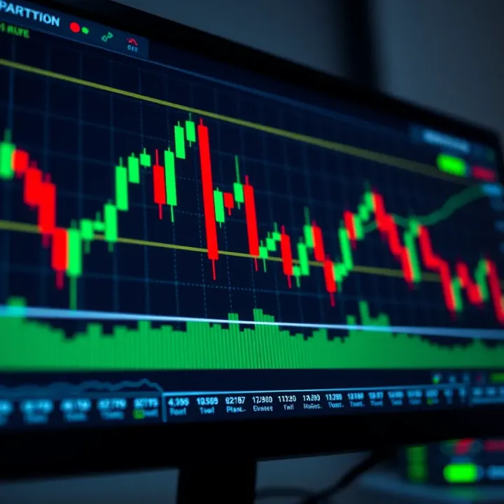 Digital screen displaying binary options trading chart with green and red candlestick patterns