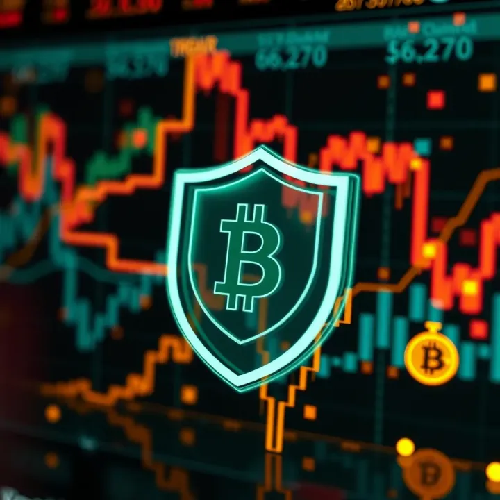 Security shield icon overlaying digital currency symbols illustrating security and compliance