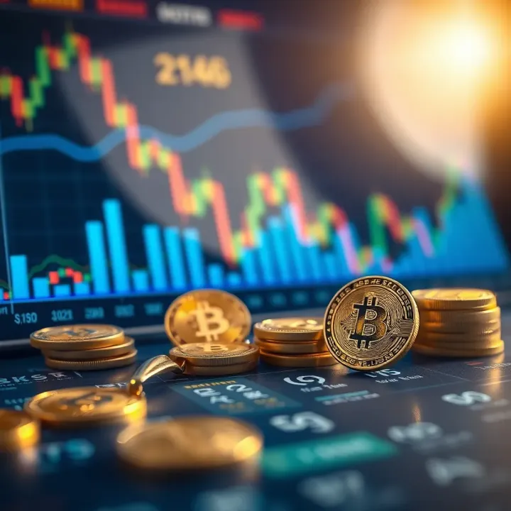 Conceptual illustration of crypto market analysis with graphs and digital tokens symbolizing trading strategies