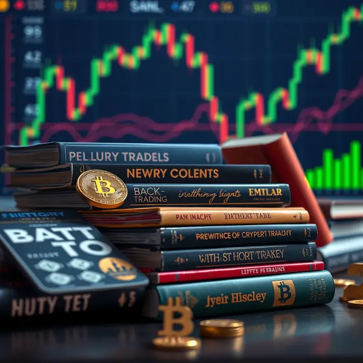 Collection of influential books on cryptocurrency trading with charts and digital currencies in the background