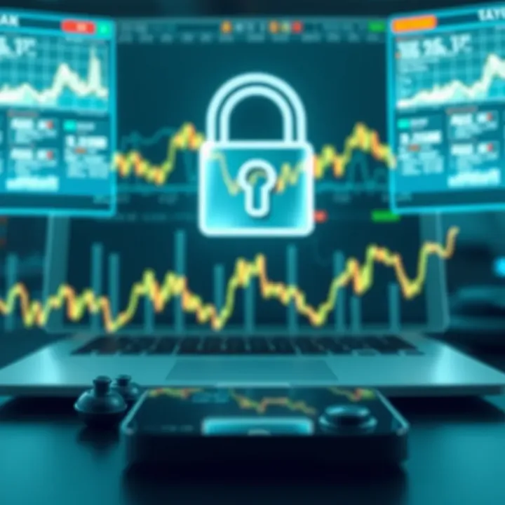 Conceptual graphic representing secure online trading with digital locks and financial charts