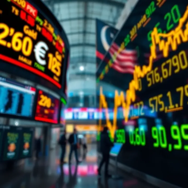 Currency exchange rates displayed on digital screens linked to gold price movements