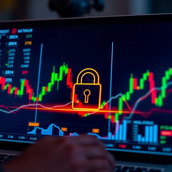 Secure forex trading interface with encryption symbols and financial data overlay
