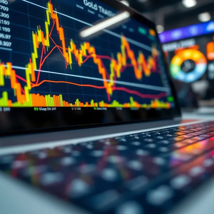 Close-up of a digital device displaying gold trading charts and market trends