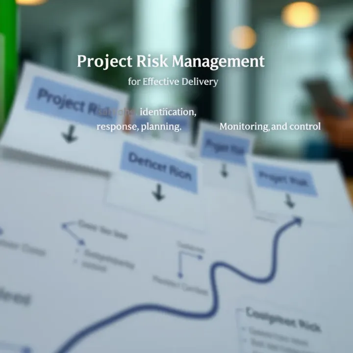 Diagram illustrating stages of project risk management including identification, analysis, response planning, monitoring, and control
