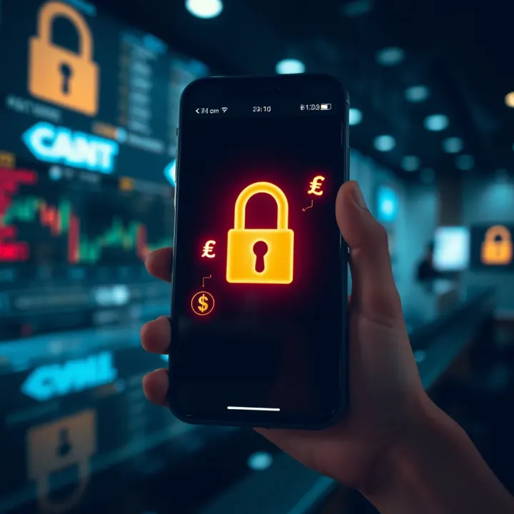 Secure financial transaction with mobile phone showing security lock and currency symbols