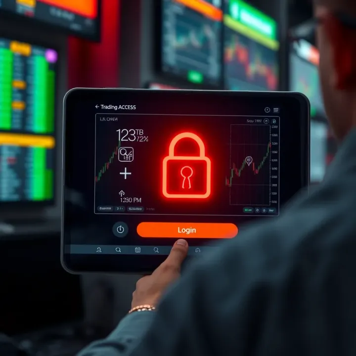 Secure login screen with biometric authentication for a financial trading platform