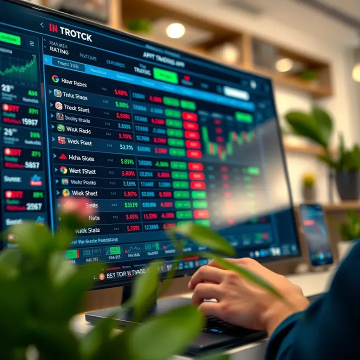 Comparison of features and ratings of various stock trading applications on a screen