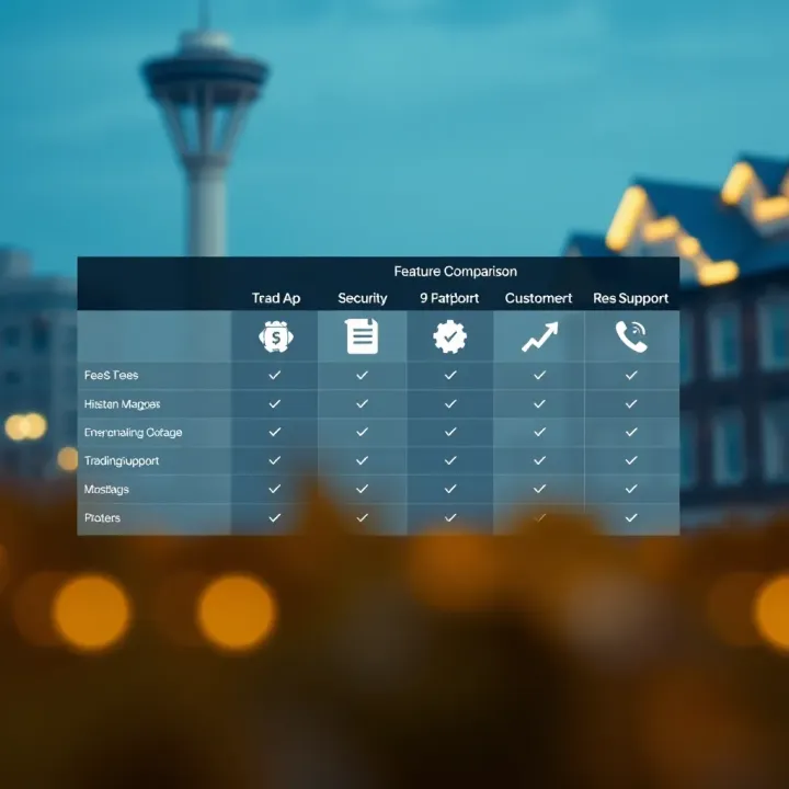Comparison chart showing different trading app features such as fees, security, and customer support with icons representing each category