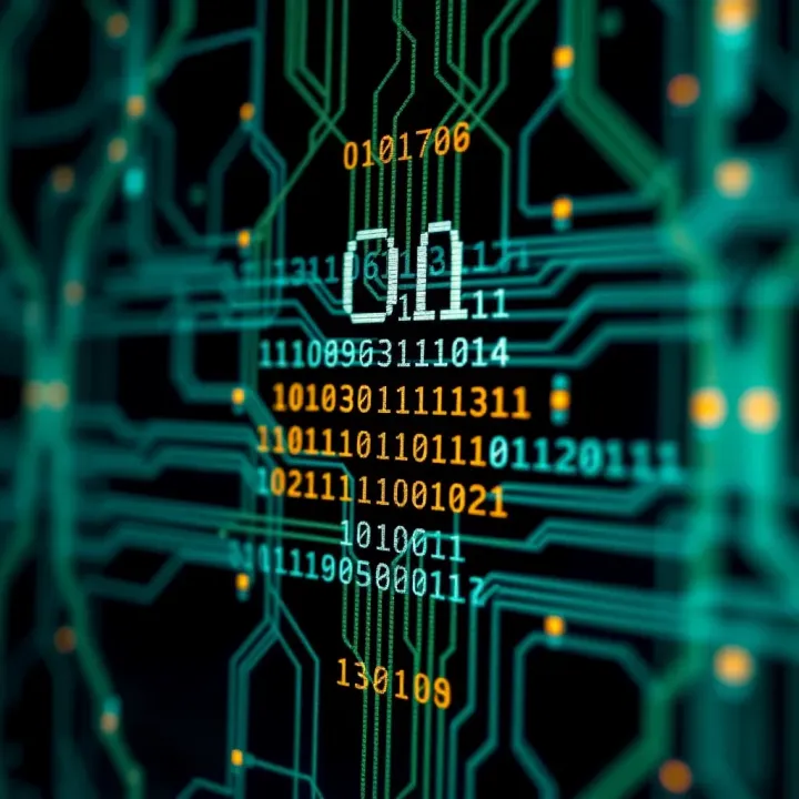 Visual representation of binary digits forming a digital circuit pattern on a dark background