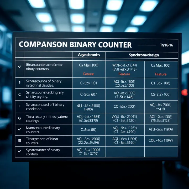 Comparison chart displaying various types of binary counters including asynchronous and synchronous designs with their key features