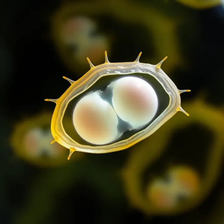 Microscopic view of an amoeba dividing into two identical cells during reproduction