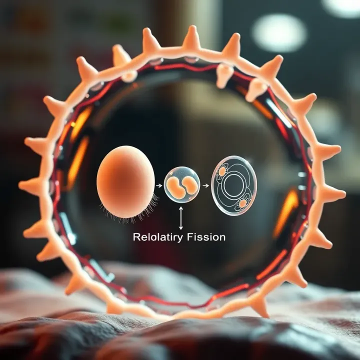 Diagram illustrating the stages of binary fission in an amoeba with cell components separating