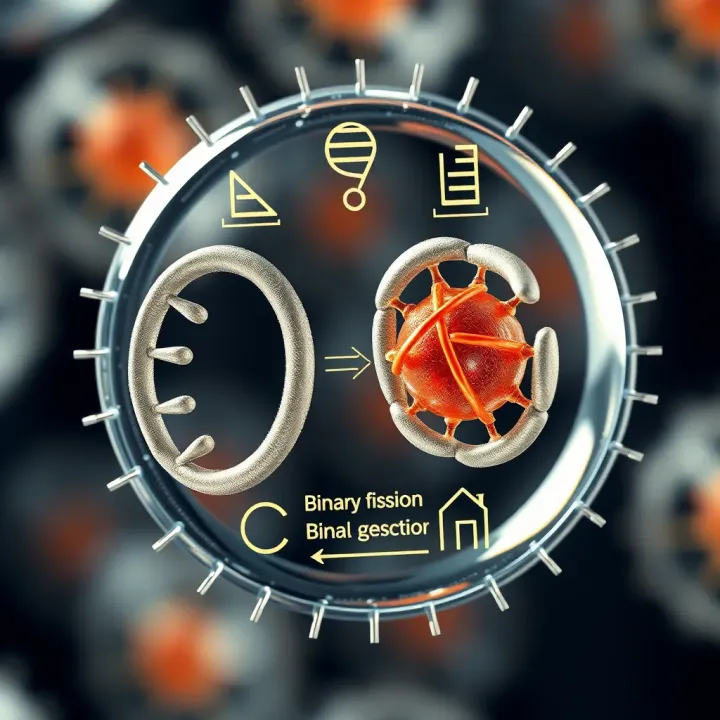 Diagram showing single-celled organism undergoing binary fission with DNA replication and cell division
