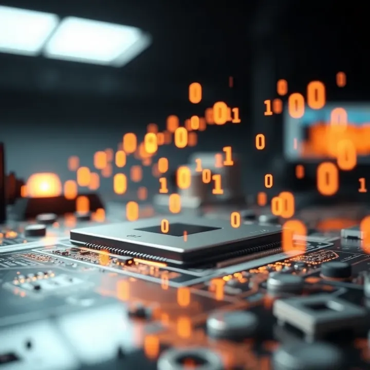 Conceptual graphic showing a computer chip with binary digits flowing around it symbolizing digital data processing