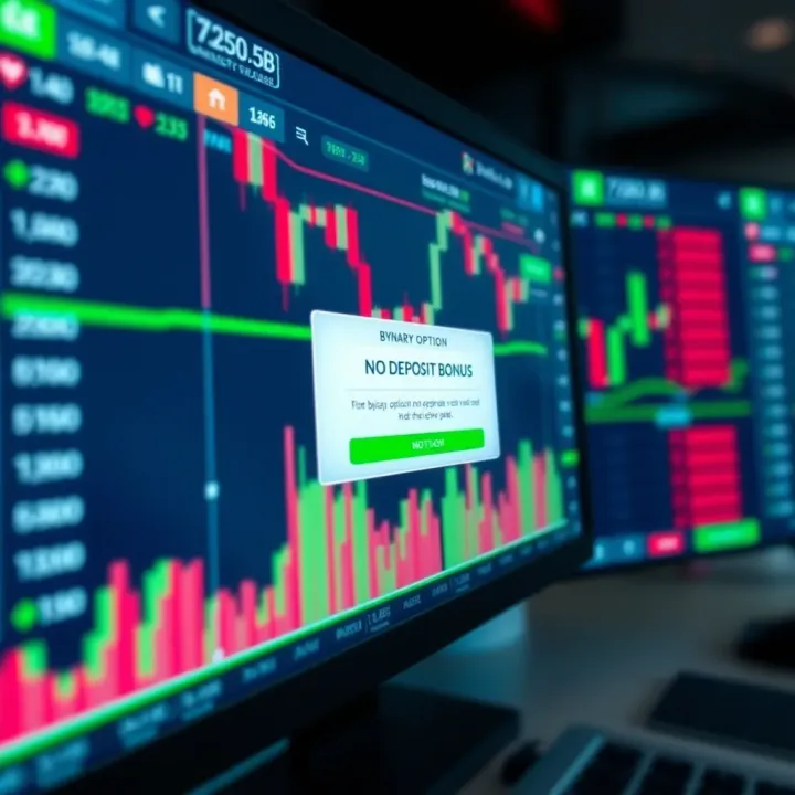 Digital interface displaying binary option no deposit bonus notification on a trading platform