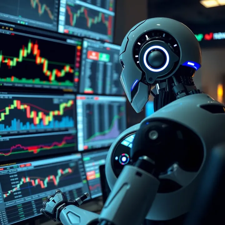 How Binary Option Robots Analyze and Execute Trades Conceptual illustration of an automated trading robot analyzing binary option charts on multiple screens