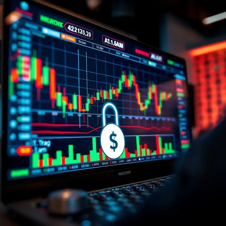 Illustration of a secure online trading interface with charts and currency symbols