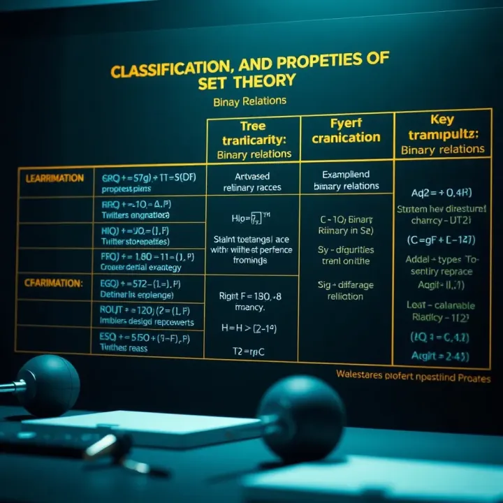 Chart showing different types of binary relations with examples and their key properties