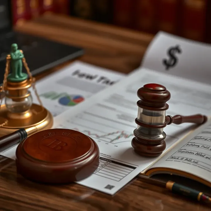 Conceptual illustration of legal documents and financial risk symbols representing binary trading regulations in Pakistan