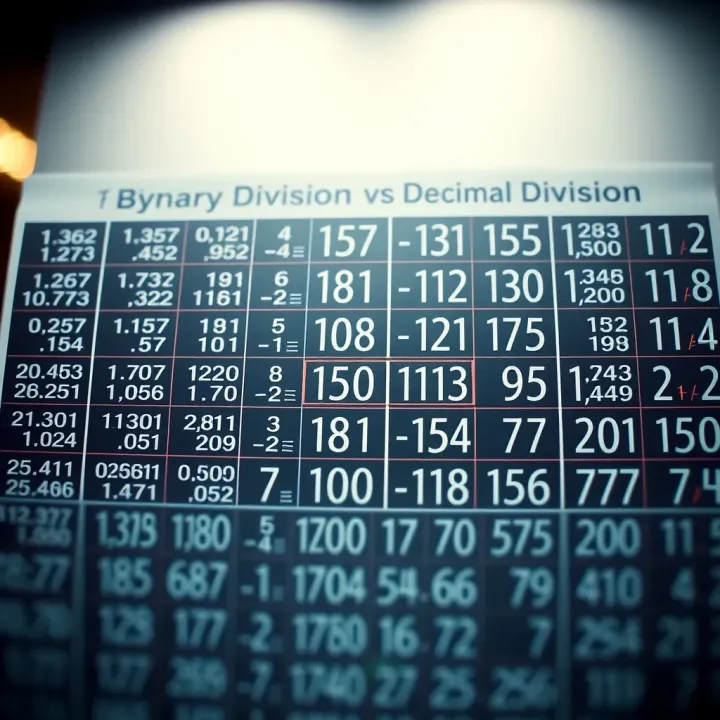Comparison chart showing binary division versus decimal division highlighting differences in calculation